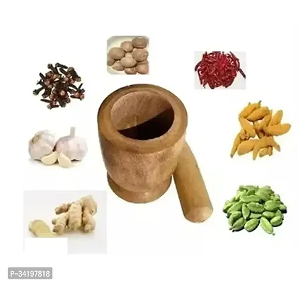 Wooden okhli musal kundi Garlic Spice Pounder Mortar and Pestle Garlic Press Small Kitchen Tool Set for Multipurpose Grinding, Medicine Crusher, Masher-thumb0