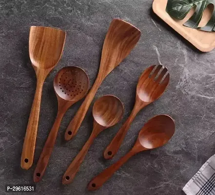 Useful Wooden Wooden Serving And Cooking Spoons Spatula - 6 Pieces-thumb0