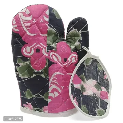 Useful Cotton Padded Oven Hand Mitt Gloves With Pot Holder- 2 Pieces-thumb0