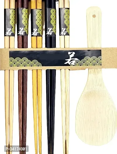 Combo of Set of 5 Pair of  Reusable Wooden Chopsticks and 1 Rice Spoon-thumb0