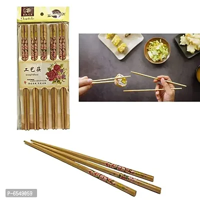 Set of 5 Pairs Designer Natural Round Bamboo Reusable Chopsticks, Size 9.5 Inch (Color and Design May Vary)