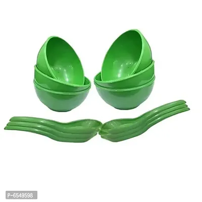 Set 6 Microwave Safe Plastic Round Shape Soup Bowls with Spoon green