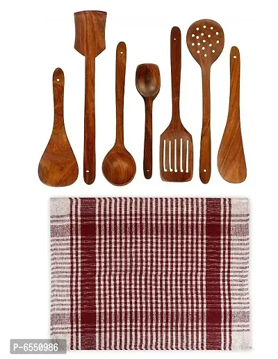 Free Kitchen Cloth Wooden Handmade Kitchen Cooking Spatula Non Stick Serving Set Of 7 25Cm 2 Frying 1 Serving 1 Spatula 1 Chapati Spoon 1 Desert 1 Rice