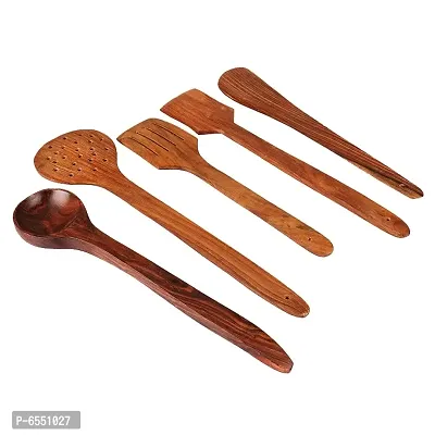 Pack of 5 Wooden Modern Laddle, Turner, Flipper, Dosa, Butter (Brown) - 10 inches length-thumb0
