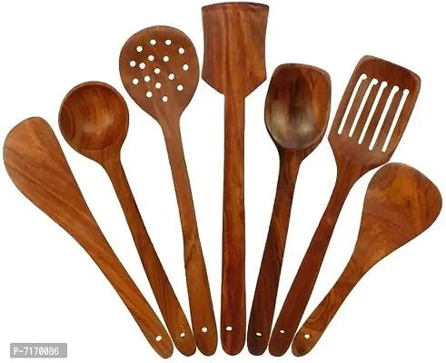 Set of 7(Brown) Cooking  Serving Spoons Kitchen Tools for Non Stick Utensils - Jharni, Jhara, Frying, Rice, Palta, DOI, Spatula-(10 inches)-thumb0