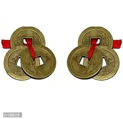 Small Size Set of 2 Feng Shui Chinese Lucky Ching Coin Ornaments Wealth Charm Amulet Three Bronze Metal Coins with Hole and Red Ribbon Knot for Good Money Luck, Charms ndash;-thumb0