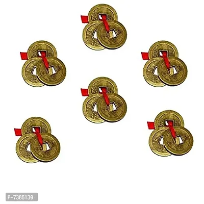 Small Size Set of 6 ( 3 pcs in each set)  Feng Shui Chinese Lucky Ching Coin Ornaments Wealth Charm Amulet Three Bronze Metal Coins with Hole and Red Ribbon Knot for Good Money Luck, Charms