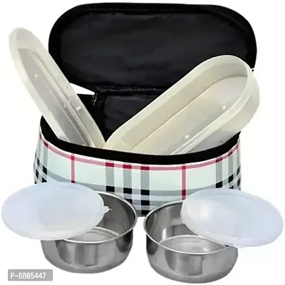3 Container Tiffin Steel Lunch Box With Plastic Microwaveable Chapati Container With Mix Color Insulated Bag-thumb0