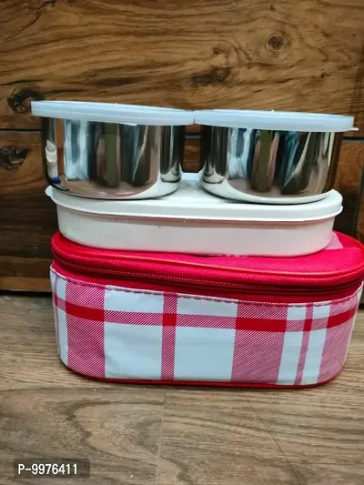 Bag Tiffin TOPWARE Lunch box 2 steel containers  1 plastic container for chapati mix color bag