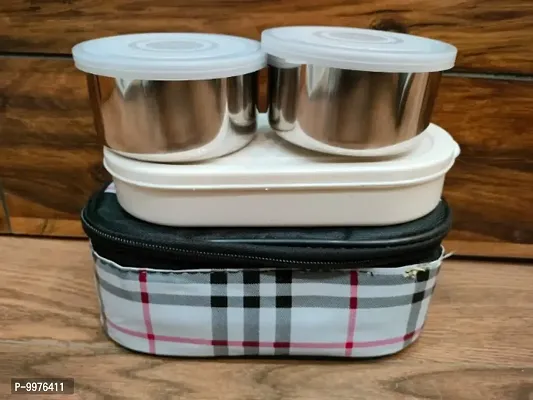 Bag Tiffin TOPWARE Lunch box 2 steel containers  1 plastic container for chapati mix color bag-thumb2