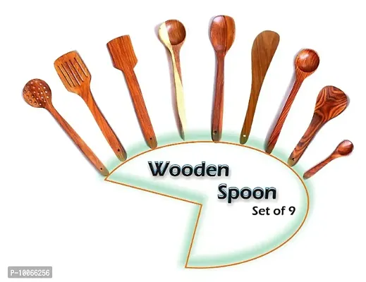 Set Of 9 Wooden Handmade Non Stick Serving Spoon Set Wood Spoons Spatula For Cooking Kitchen Tools-thumb0