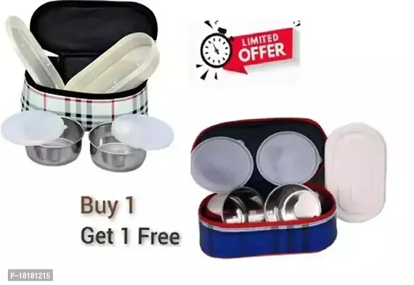 2 Pieces Bag Tiffin with 2 Steel Containers and 1 Plastic container for Chapati Mix color