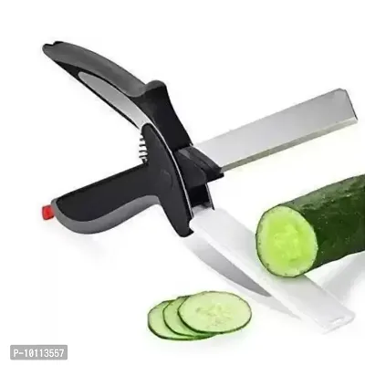 Clever Cutter- 2 in 1 Food Chopper Slicer Dicer Vegetable and Fruit Cutter Kitchen Scissors Knife Board - Transparent, Black-thumb0