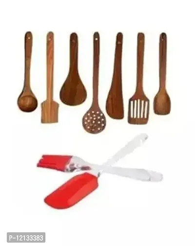 Combo of 9 Pieces - Designer 7 Wooden Cooking Spoons  Spatula Brush set Silicon