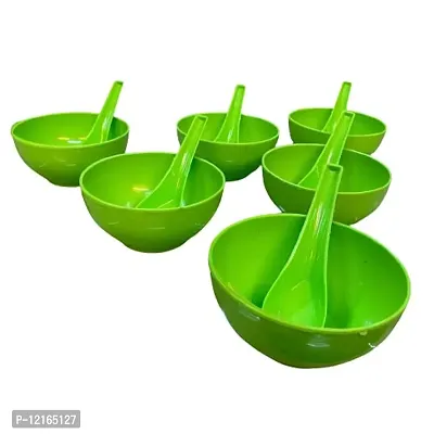 Green Round Serving Soup Bowl, Namkeen Bowl, Maggie Bowl Set of 6 with 6 Spoons-thumb2