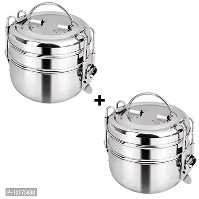2 pieces 7 X 2 Stainless Steel Two Compartment Tiffin Silver