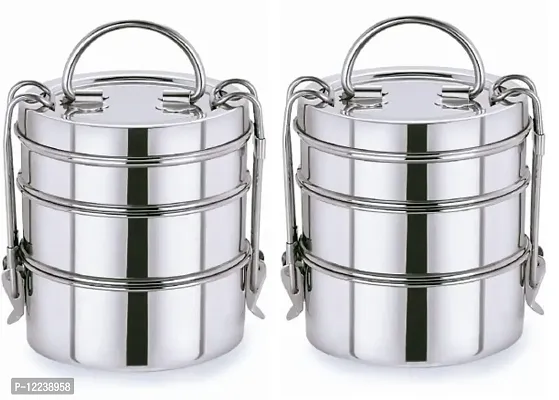 2 pcs 7 x 3 Steel Tiffin Box for Office  Stainless Steel Lunch box Set with 3 Containers  Multipurpose Steel Lunch Box  with Shiny Silver Finish for Daily Usage