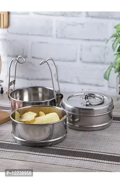 Buy 2 Pcs 7 X 3 Steel Tiffin Box For Office Stainless Steel Lunch Box Set With 3 Containers Multipurpose Steel Lunch Box With Shiny Silver Finish For Daily Usage Online In