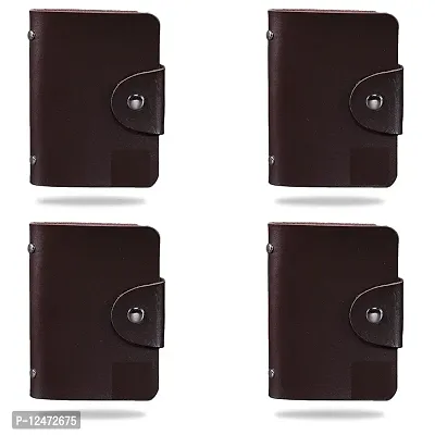 Brown 4 pcs Button ATM CARDHOLDER Leather Credit Card Holder/Business Card Holder/ATM Card Holder for Women Men-thumb0