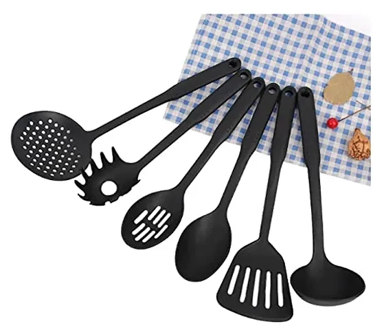 Maharaj Mall Set of 6 Heat-Resistant Nonstick Cooking and Serving Spoon (Black)