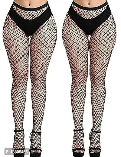 Pack of 2 Pcs Womens High Waist Nylon Fishnet Lingerie Stockings Pantyhose (Black, Free Size,)