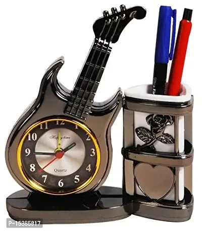 Guitar Clock - Plastic Abstract Analog Alarm Table Clock with Desk Organizer Pen Stand Battery Operated, Multicolour, 15 x 5 x 16 cm