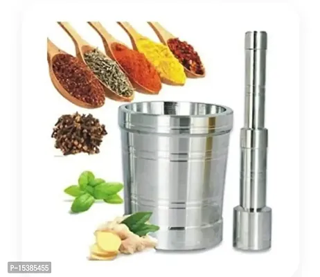 Mortar and Pestle Set/Khalbatta/Spice Mixer for Kitchen (Silver)