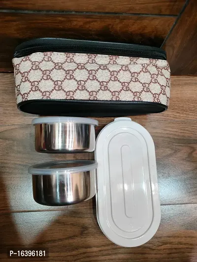 2 pieces Dark brown check  CC Lunch Boxes 3 containers with insulated bag Designer-thumb2
