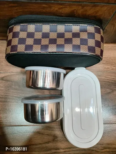 2 pieces Dark brown check  CC Lunch Boxes 3 containers with insulated bag Designer-thumb3