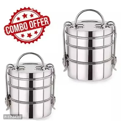 2 pieces 7 x 3 Stainless Steel 3 Compartment Lunch Box  Tiffin for kids