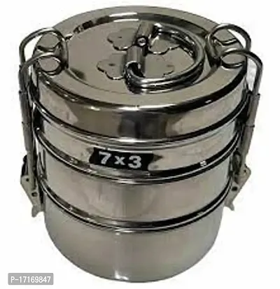 7 x 3 Clip Tiffin Steel for Kids  Three Tier Compartment Lunch Box/Food Container Best Selling-thumb0
