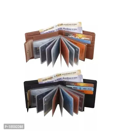 2 pcs Black  Cream  Designer Multicoloured Artificial Leather Self Design Two Fold Wallet Combo For Men-thumb0