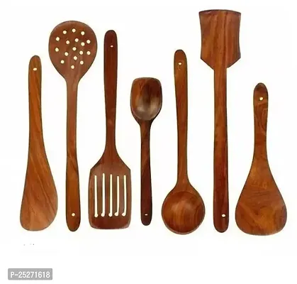 Set (Pack of 7) set for kitchen lovers Brown yellowish Kitchen Tool Set Wooden Dessert Spoon, Serving Spoon, Salad Spoon, Soup Spoon, Table Spoon-thumb0