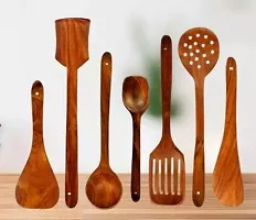 Set (Pack of 7) set for kitchen lovers Brown yellowish Kitchen Tool Set Wooden Dessert Spoon, Serving Spoon, Salad Spoon, Soup Spoon, Table Spoon-thumb4