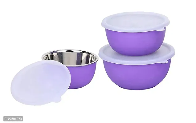 Euro Bowl Set of 3 inside steel outside Plastic purple1  Serving Reheating Food Storage Mixing Bowls with Lid (Pack of 3