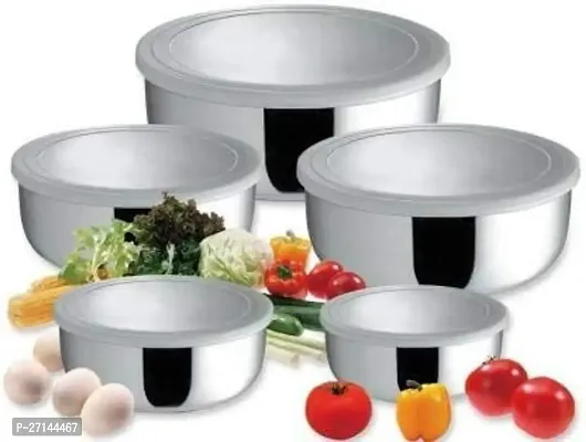 5 Pieces  Steel Bowl Set With Plastic Lid- Containers Ideally Used For Storage And Serving Kitchen Food Items Like Dry fruits, Snacks, Dishes, Curries-thumb2