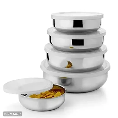 5 Pieces  Steel Bowl Set With Plastic Lid- Containers Ideally Used For Storage And Serving Kitchen Food Items Like Dry fruits, Snacks, Dishes, Curries-thumb3