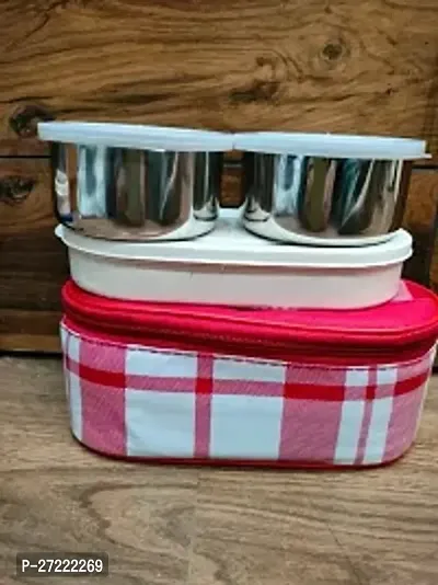 Elite School Lunchbox Set 2 Steel Container 1 Plastic Ovel Box With Bag Mix Design-thumb3