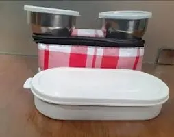 3 Container Tiffin Steel Lunch Box With Plastic Microwaveable Chapati Container With Mix Color Insulated Bag-thumb1