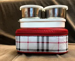 3 Container Tiffin Steel Lunch Box With Plastic Microwaveable Chapati Container With Mix Color Insulated Bag-thumb4