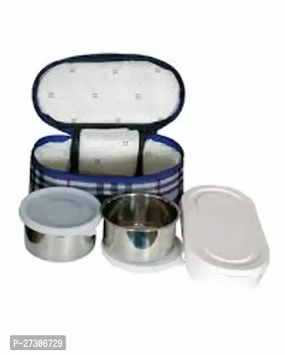 3 Container Tiffin Steel Lunch Box With Plastic Microwaveable Chapati Container With Mix Color Insulated Bag-thumb4