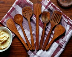 Free Kitchen Cloth Wooden Handmade Kitchen Cooking Spatula Non Stick Serving Set Of 7 25Cm 2 Frying 1 Serving 1 Spatula 1 Chapati Spoon 1 Desert 1 Rice-thumb1