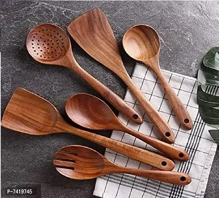 Set of 6 Natural Handmade Cooking Spoon Set, Kitchen Utensils,  Turning Spatula Nonstick Spoon Set Wooden Spoon for Cooking Kitchen Tools , , Brown-thumb3