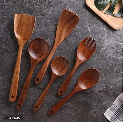 Set of 6 Natural Handmade Cooking Spoon Set, Kitchen Utensils,  Turning Spatula Nonstick Spoon Set Wooden Spoon for Cooking Kitchen Tools , , Brown-thumb5