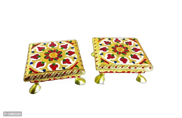 Rajasthani HAAT and Craft Set of 2 Pooja CHOWKI Pooja with MEENAKRI Work Metal Legs Flower Pattern (Multicolor)-thumb0