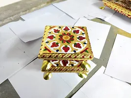 Rajasthani HAAT and Craft Set of 2 Pooja CHOWKI Pooja with MEENAKRI Work Metal Legs Flower Pattern (Multicolor)-thumb4
