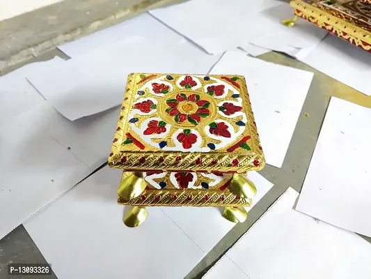 Rajasthani HAAT and Craft Set of 2 Pooja CHOWKI Pooja with MEENAKRI Work Metal Legs Flower Pattern (Multicolor)-thumb5