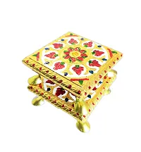 Rajasthani HAAT and Craft Set of 2 Pooja CHOWKI Pooja with MEENAKRI Work Metal Legs Flower Pattern (Multicolor)-thumb3