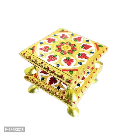 Rajasthani HAAT and Craft Set of 2 Pooja CHOWKI Pooja with MEENAKRI Work Metal Legs Flower Pattern (Multicolor)-thumb4