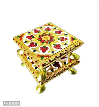 Rajasthani HAAT and Craft Set of 2 Pooja CHOWKI Pooja with MEENAKRI Work Metal Legs Flower Pattern (Multicolor)-thumb2